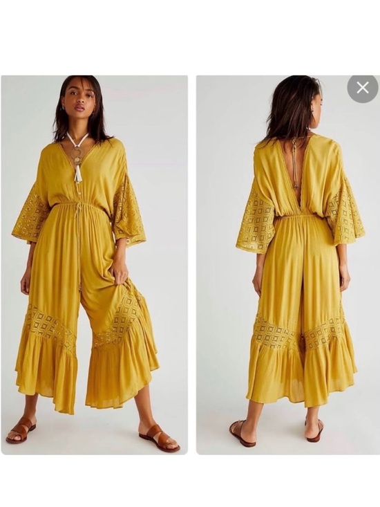 Free People Pants - Free People Mustard Yellow Crochet-Sleeve Wide-Leg Jumpsuit